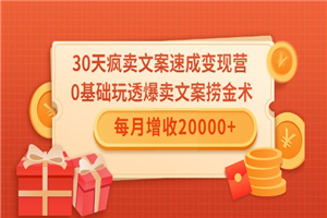 0天疯卖文案速成变现营，0基础玩透爆卖文案捞金术！每月增收20000+